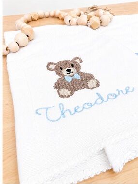 Personalized White Baby burp cloth Brown Teddy & Blue Embroidery with Theodore
